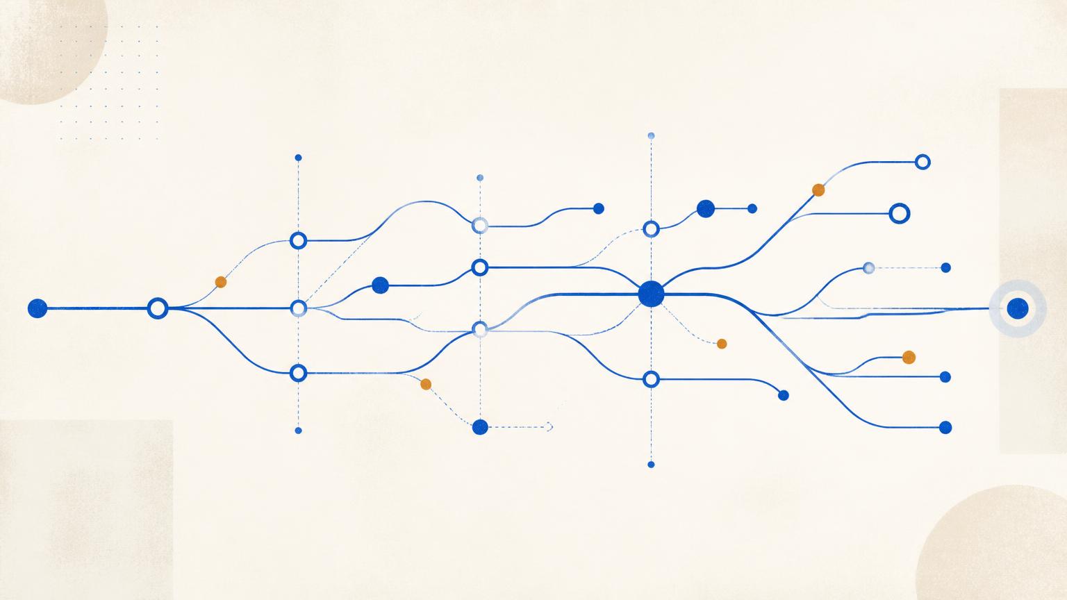 A branching journey of blue lines with nodes and time markers