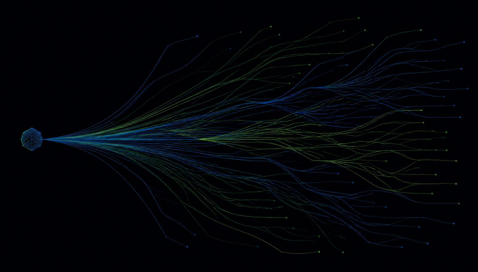 One compiled seed shape fanning out into many diverging blue and green opinion lines