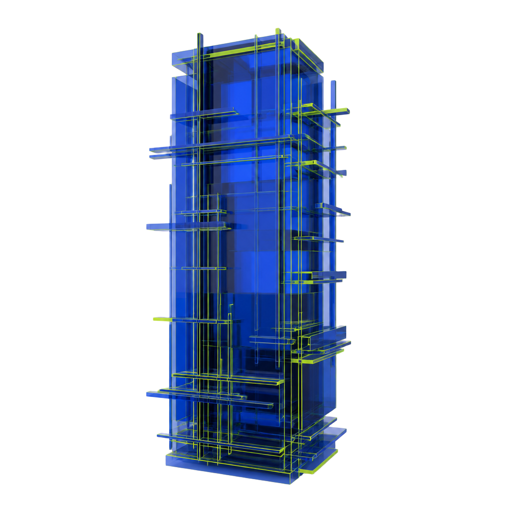 An engineered blue and acid-green lattice: a brand identity compiled into a single structured object